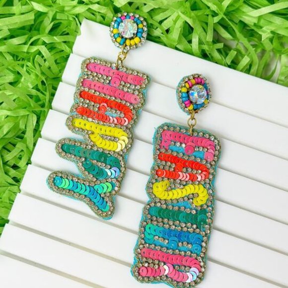 Happy Easter Sequin Seed Beaded Rhinestone Sparkle Statement Gift Idea Earrings - Picture 1 of 3